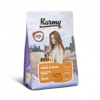 KARMY Hair&amp;Skin Взрослые кошки Лосось — 0,4кг. Сухой корм для кошек, поддерживающий здоровье кожи и шерсти