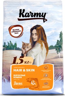 KARMY Hair&amp;Skin Взрослые кошки Лосось — 1,5кг. Сухой корм для кошек, поддерживающий здоровье кожи и шерсти