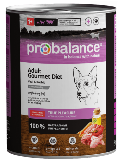 Probalance Adult Gourmet Diet Корм консервированный для взрослых собак c телятиной икроликом, 850 гр 12 PB 274