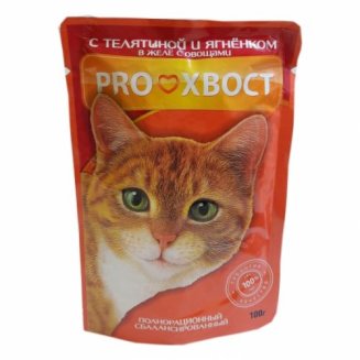 PROХВОСТ Корм консервированный для кошек, с телятиной/ягненком в желе с овощами, 85 гр 1/25