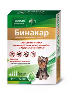 Бинакар. Капли инсект. д/соб.мелк.и щенков от блох и клещ.,4пип. по 0,5мл