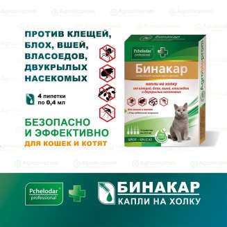Бинакар. Капли .инсект.с репел.св. д/кош. и кот. от блох и клещ.,4пип. по 0,4мл