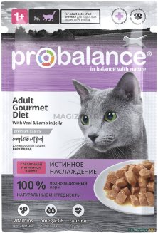 ProBalance Корм консервированный Gourmet Diet для кошек с телятиной и ягненком в желе, пауч 85 гр 1/28