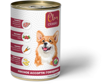 Clan CLASSIC Паштет для взрослых собак всех пород, Мясное ассорти с говядиной, брусникой и ромашкой, 340 гр 1/9