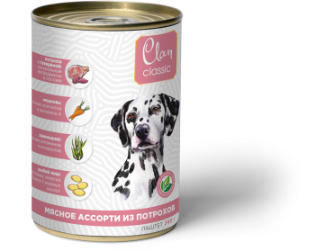 Clan CLASSIC Паштет для взрослых собак всех пород, Мясное ассорти с потрошками, морковью и ламинарией, 340 гр 1/9