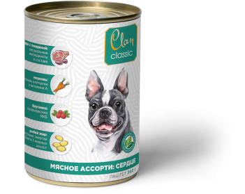 Clan CLASSIC Паштет для взрослых собак всех пород, Мясное ассорти с сердцем, брусникой и морковью, 340 гр 1/9