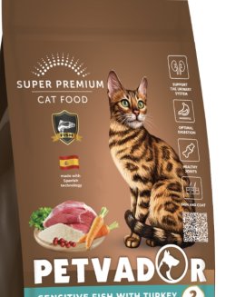 PETVADOR (SUPER-PREM) Полнорационный корм для кошек с чувствительным пищеварением, рыба с индейкой, 400 г 1/8