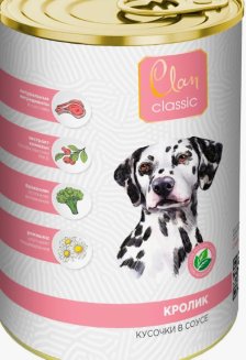 Clan CLASSIC Консервированный корм для собак, кусочки в соусе, кролик, 970 гр 1/6