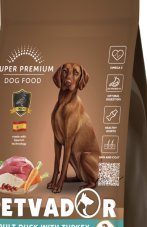 PETVADOR (SUPER-PREM) Полнорационный корм для собак всех пород с чувствительным пищеварением, утка с индейкой, 15 кг