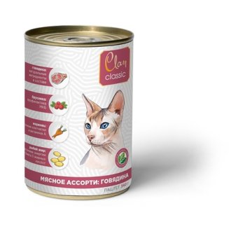 Clan CLASSIC Паштет для взрослых кошек, мясное ассорти с говядиной, брусникой и рыбьим жиром, 340 гр 1/9