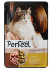 Корм консервированный полнорационный Perfeel для взрослых кошек мясное ассорти в соусе 0,075