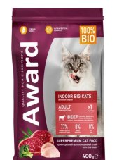 AWARD Indoor Big cats для взрослых домашних кошек крупных пород с говядиной и курицей с добавлением брокколи и юкки Шидигера 1,5кг