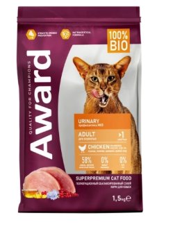 AWARD Urinary для взрослых кошек для профилактики мочекаменной болезни с курицей с добавлением клюквы, цикория и рыбьего жира 1,5кг