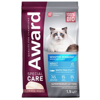 Сухой корм AWARD SPECIAL CARE Sensitive Skin&amp;Coat для взрослых кошек для здоровой кожи и шерсти со свежей белой рыбой 1,5кг